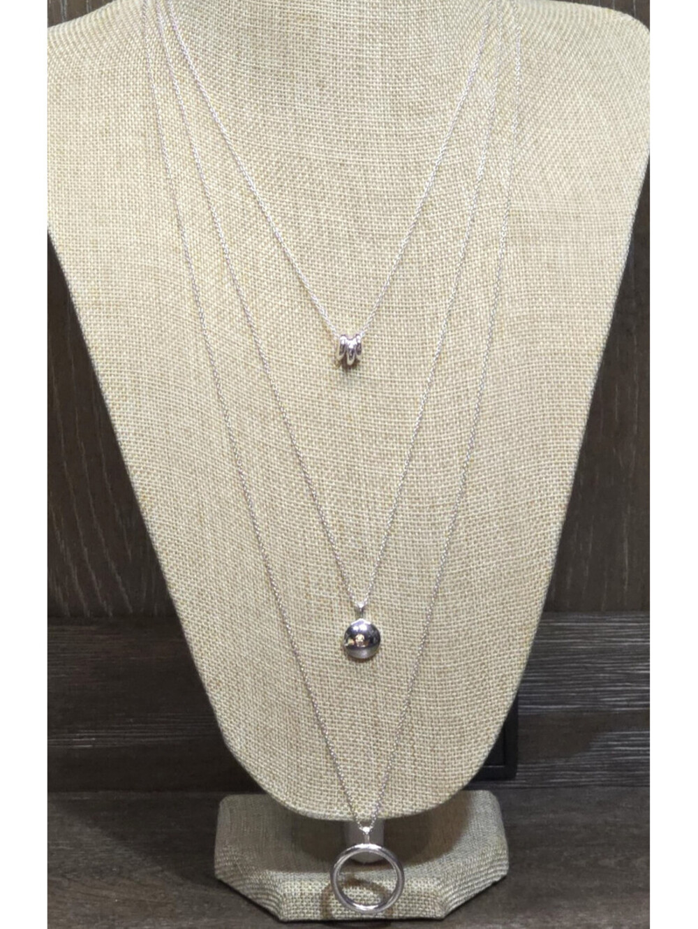 Silver Tone 3 Row Layered Necklace Circle Pendants